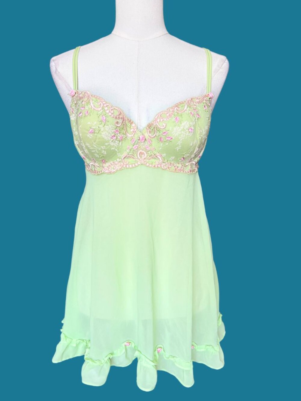 delicates Pale Green Chiffon Babydoll with Pink Floral Embroidery